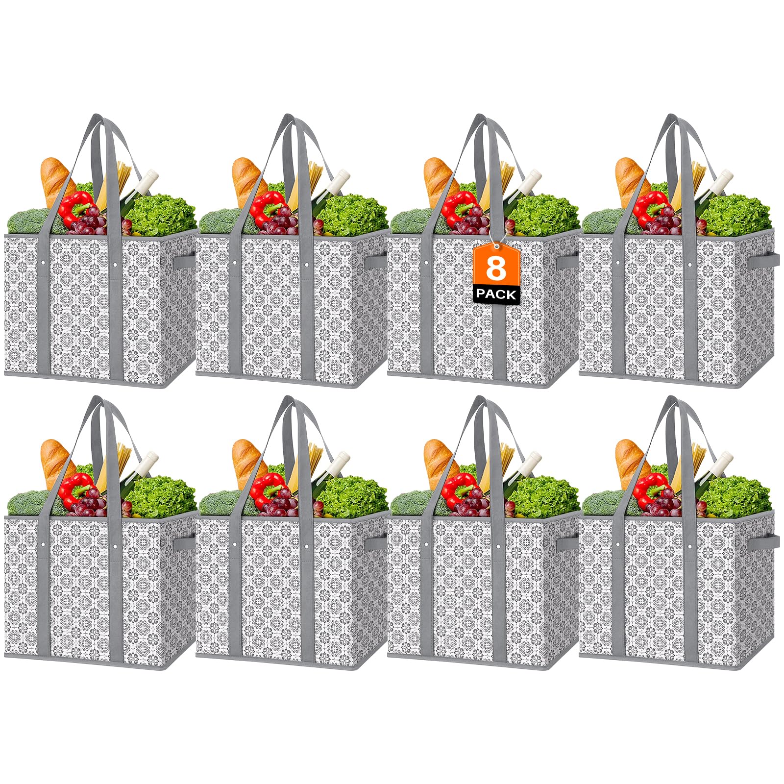 WISELIFE Reusable Grocery Bags 8 Pack,Large Grocery Tote Bag Water Resistant Shopping Bags Foldable Grocery Bag for Clothes,Shoes and Picnic,Grey Image