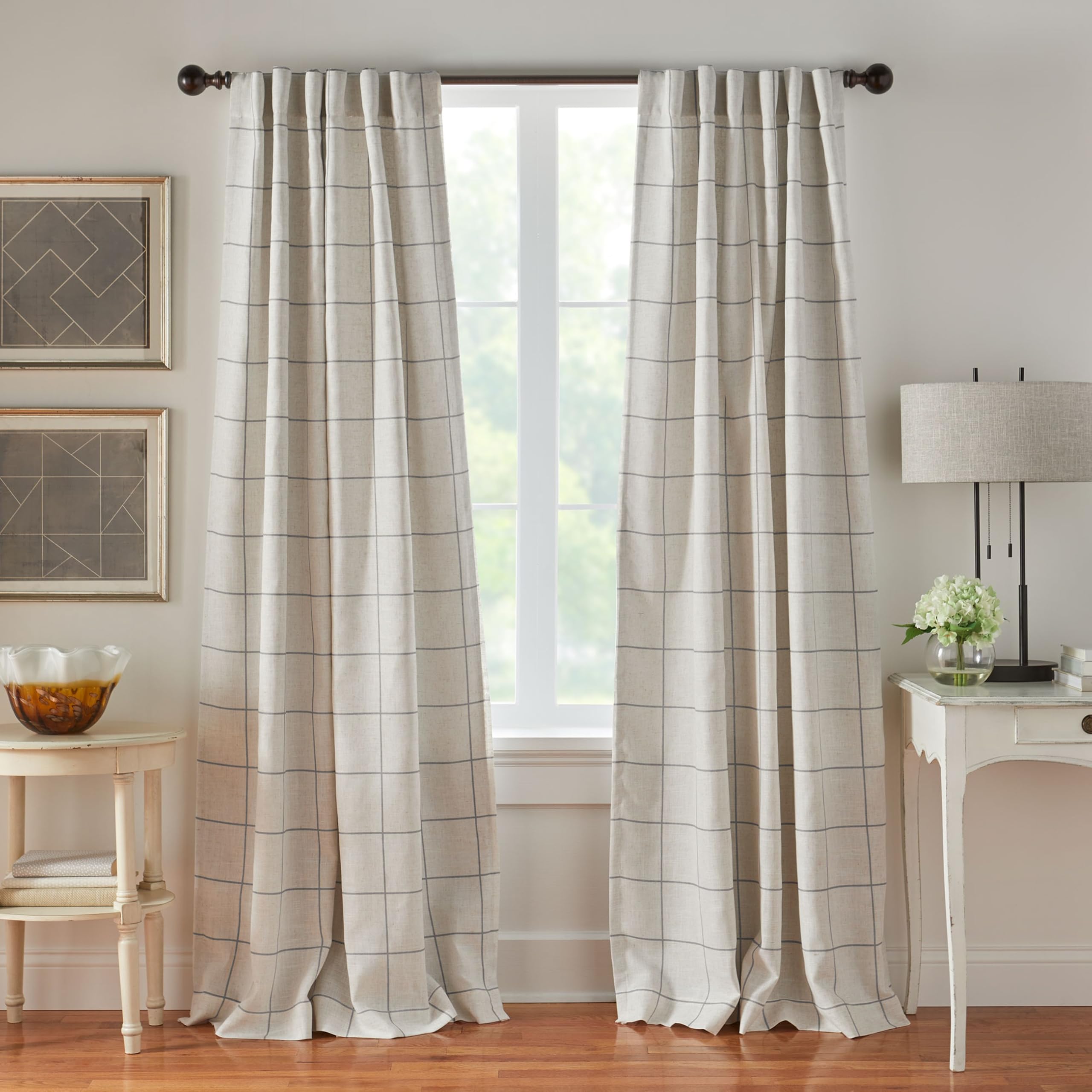 Elrene Home Fashions Windowpane Plaid Grid Blackout Window Curtain Panels/Drapes for Living, Bedroom, Dining Room, Linen, Grey, 52 in x 84 in