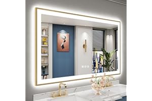 AWANDEE 60x36 Gold Framed LED Bathroom Mirror with Lights, Backlit & Front Lit, Anti-Fog Metal Frame Lighted Vanity Mirror for Bathroom Wall, 3 Colors, Dimmable, Memory, Shatter-Proof Tempered Glass