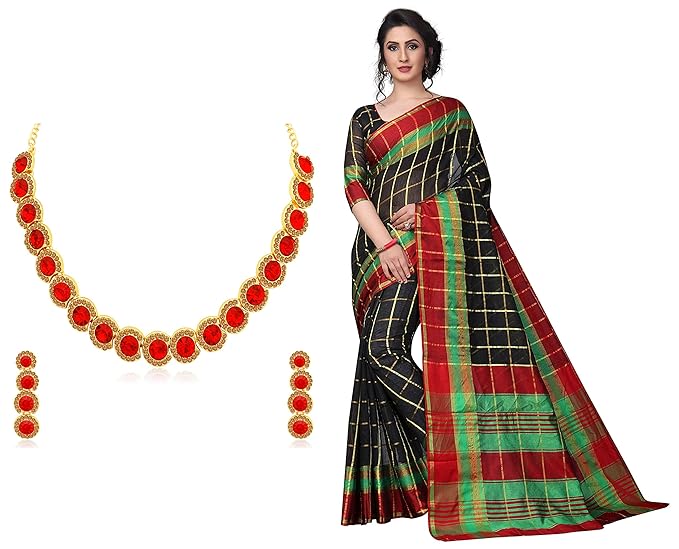 Women`s Cotton Saree With Blouse Piece(PBTurquoiseZariChecks_Turquoise)