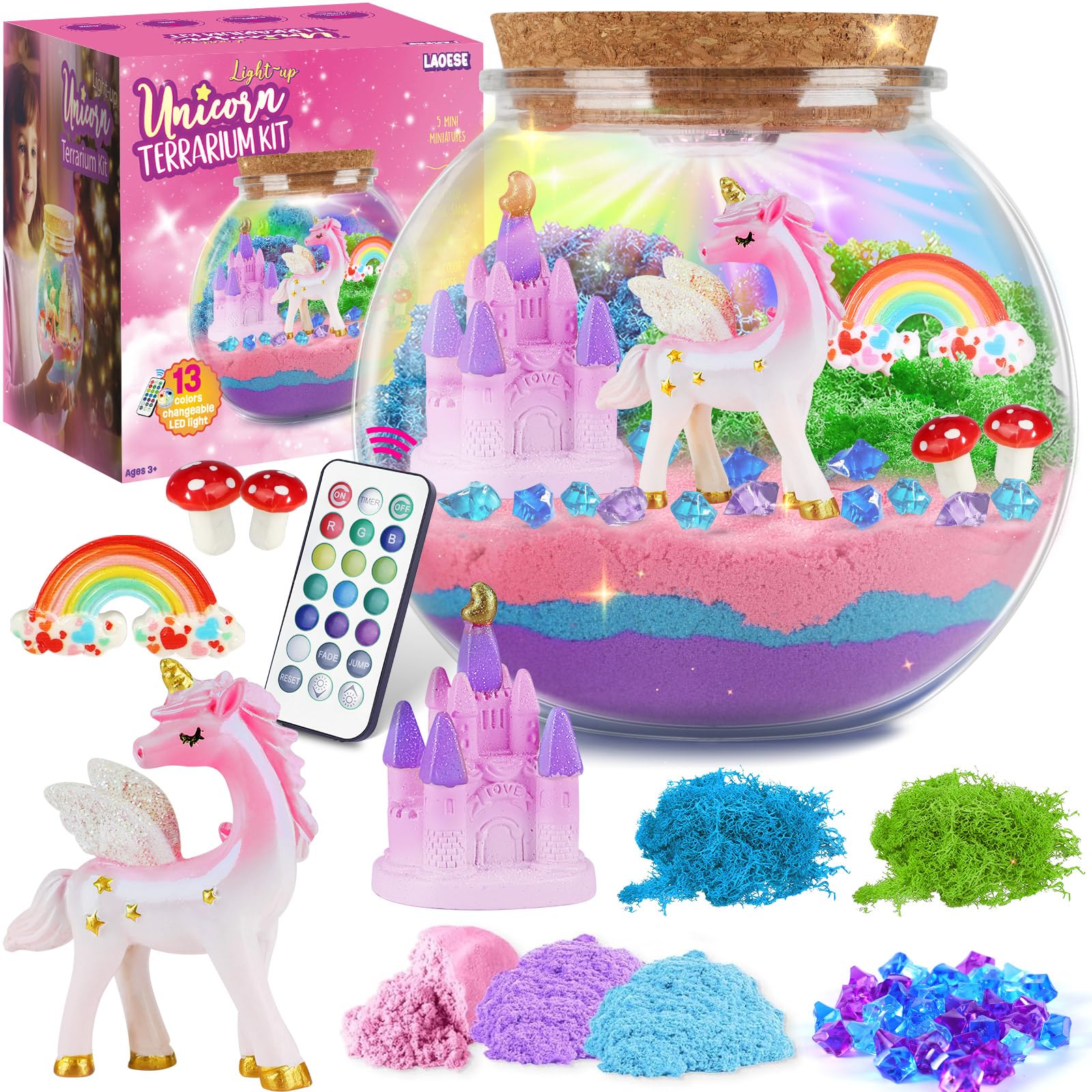 LAOESE Unicorn Light-Up Terrarium Kit for Kids – LED Night Light DIY Arts and Crafts Kit, Unicorn Toys for Girls Ages 4 5 6 7 8-12 – Birthday Easter Gifts for Girls