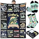 HunnmingRe 2 Pcs Fishing Throw Blanket and Sock Gift 50" x 60" Fisherman Lovers Valentine's Day Birthday Gag Gift for Women Men Grandpa Husband Dad Boyfriend Camping