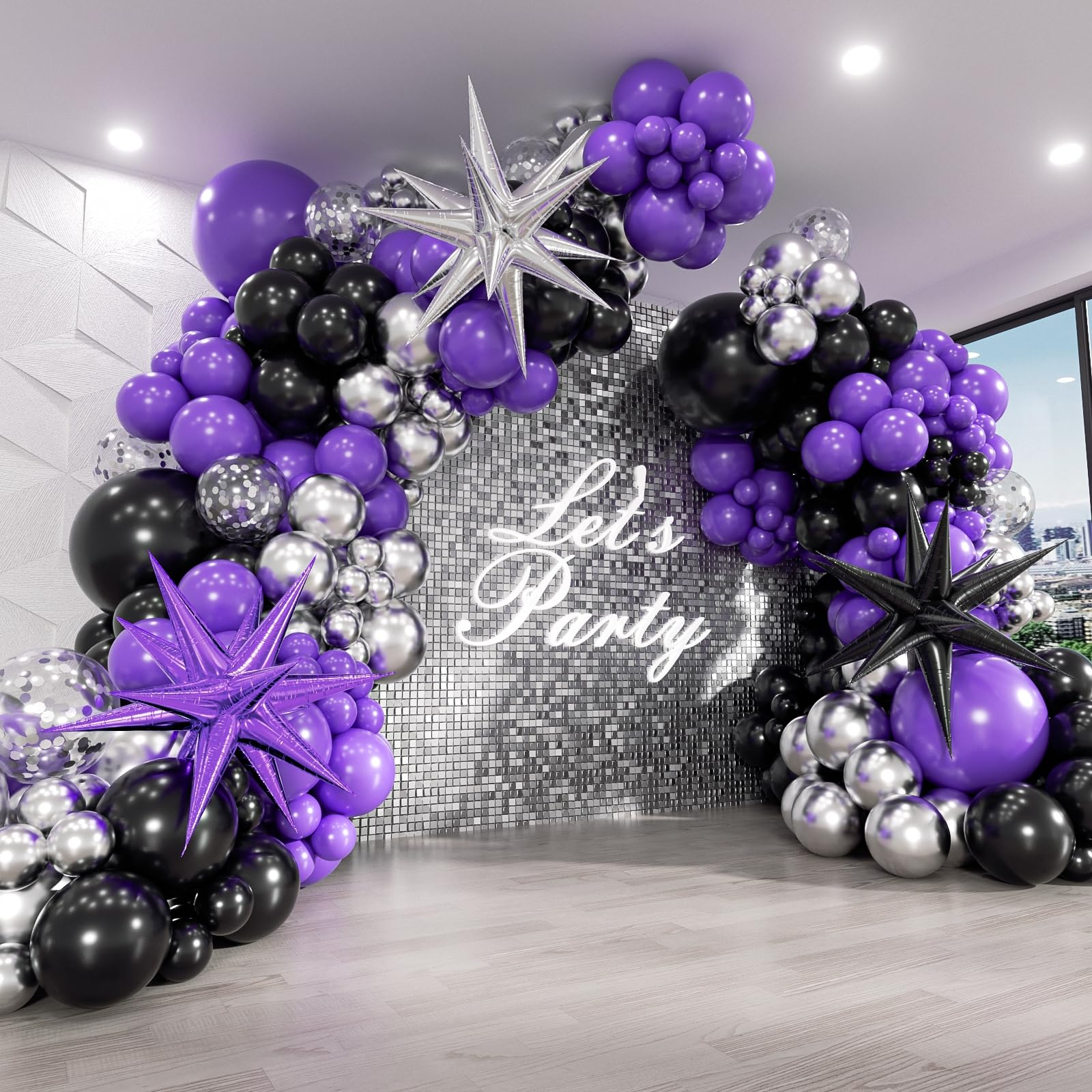 Photo 1 of 125pcs Purple and Black Balloon Arch Kit with Purple Black Metallic Silver Confetti Foil Balloons for Halloween Graduation Birthday Party Decorations