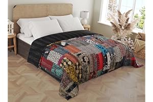 Marubhumi Blankets Handmade Cotton Quilts Kantha Blanket Indian Silk Sari Patchwork Quilts, Black - Twin 60 x 90