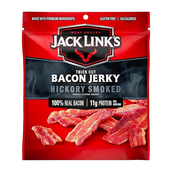 JACK LINK’S BACON JERKY, HICKORY SMOKED – FLAVORFUL READY TO EAT MEAT SNACK WITH 11G OF PROTEIN PER SERVING, MADE WITH 100% THICK CUT REAL BACON, PROTEIN SNACK, KETO FRIENDLY, 2.5 OZ.