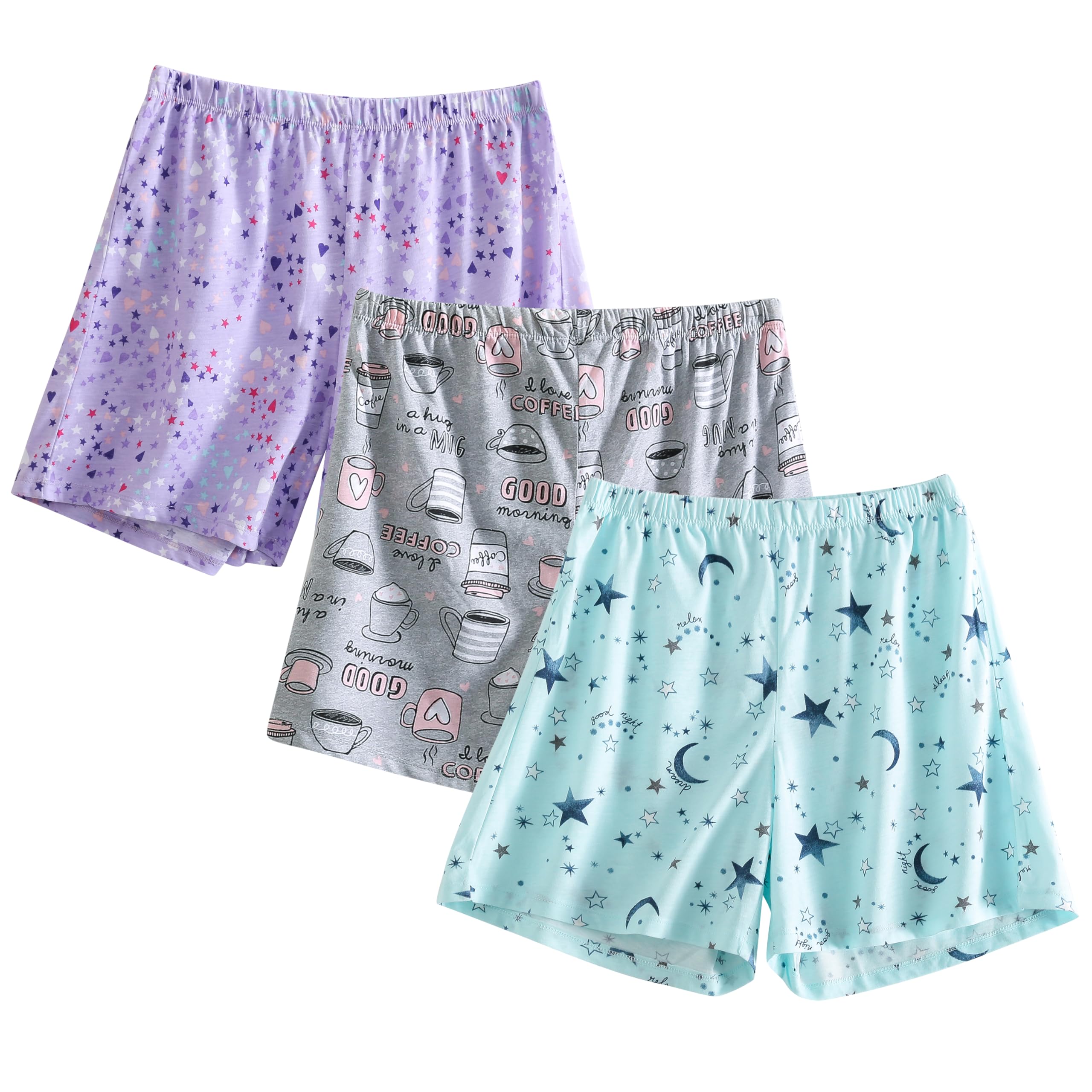 Photo 1 of PNAEONG 3 Pack: Womens Pajamas Shorts Set Soft Elastic Waist Lounge Shorts Printed PJ Bottoms, Purple+Coffee+Star-XXL
