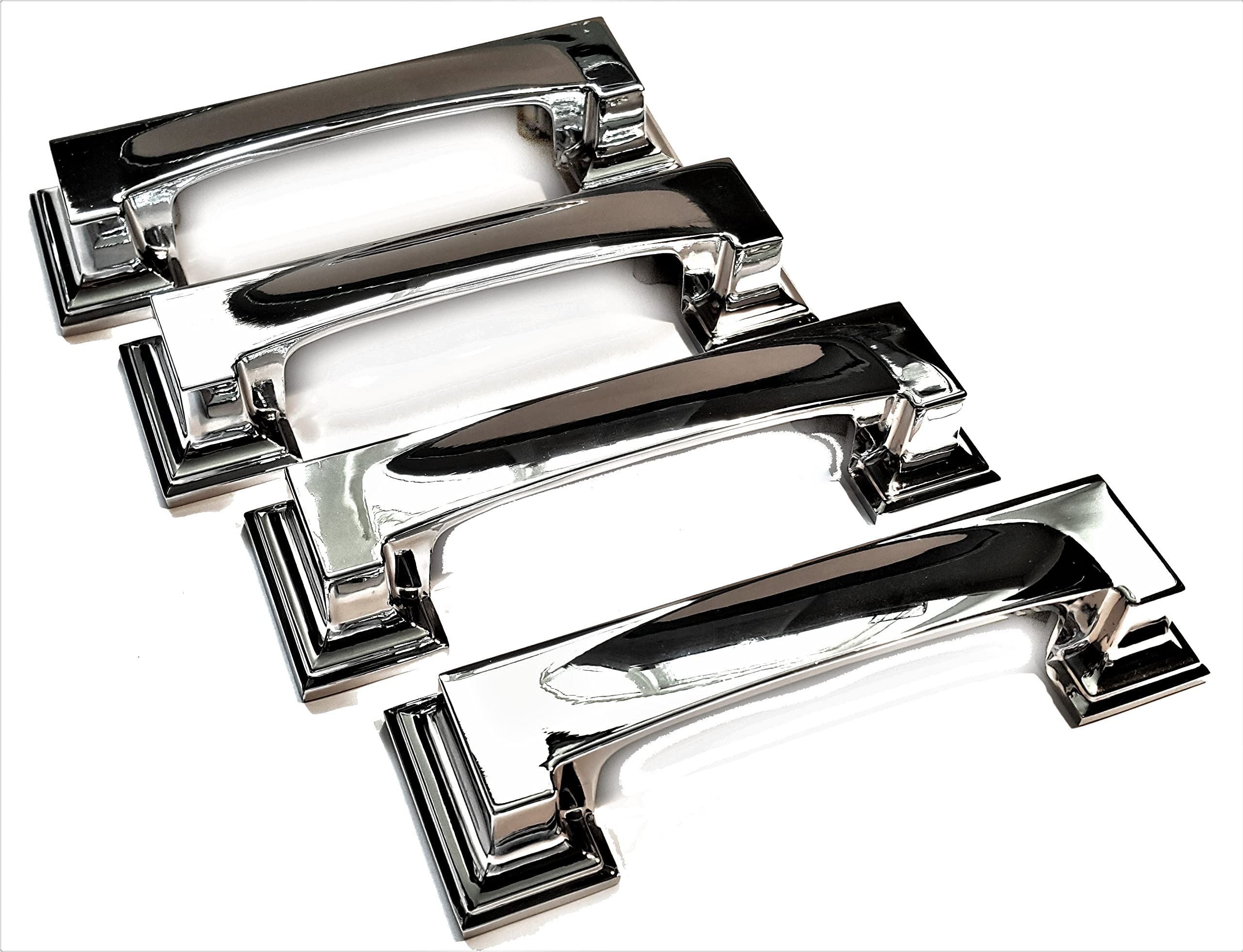 French Furniture Fittings Set of 4 Metal Art Deco Kitchen Cabinet Square Cup Handles, Cupboard Drawer Bedroom Furniture Shell Handles cc-76/96mm in Polished Chrome Finish