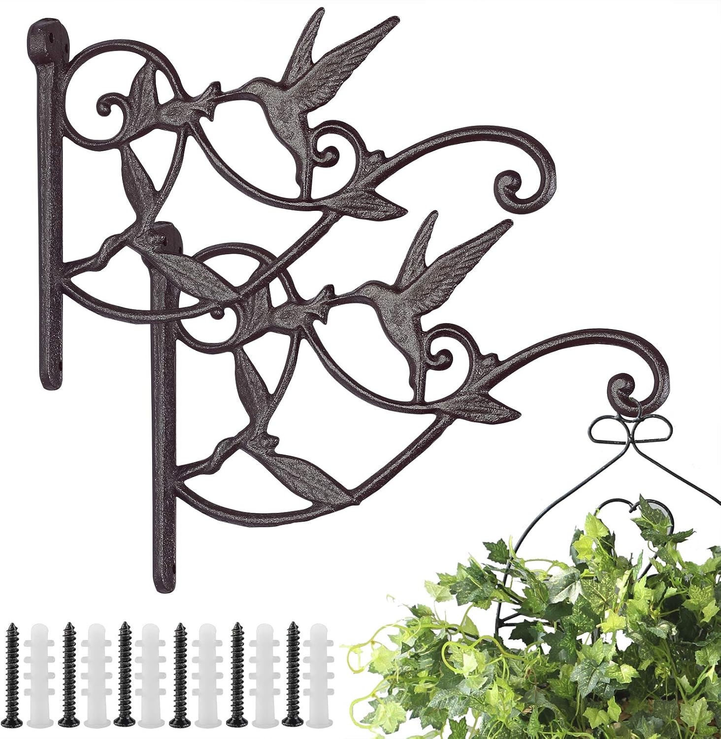 Outdoor Hanging Brackets - Livfodrm 2PCS Plant Hangers Outdoor Plant Hooks for Wall/Fence, Hummingbird Hanging Plant Bracket Heavy Duty Cast Iron Plant Hanger for Lantern/Bird Feeder, Drak Brown