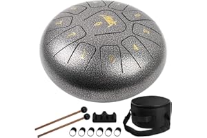 Steel Tongue Drum, AKLOT 10 inch 11 Notes Tank Drum C Key Percussion Steel Drum Kit w/Drum Mallets Note Stickers Finger Picks Mallet Bracket and Gig Bag
