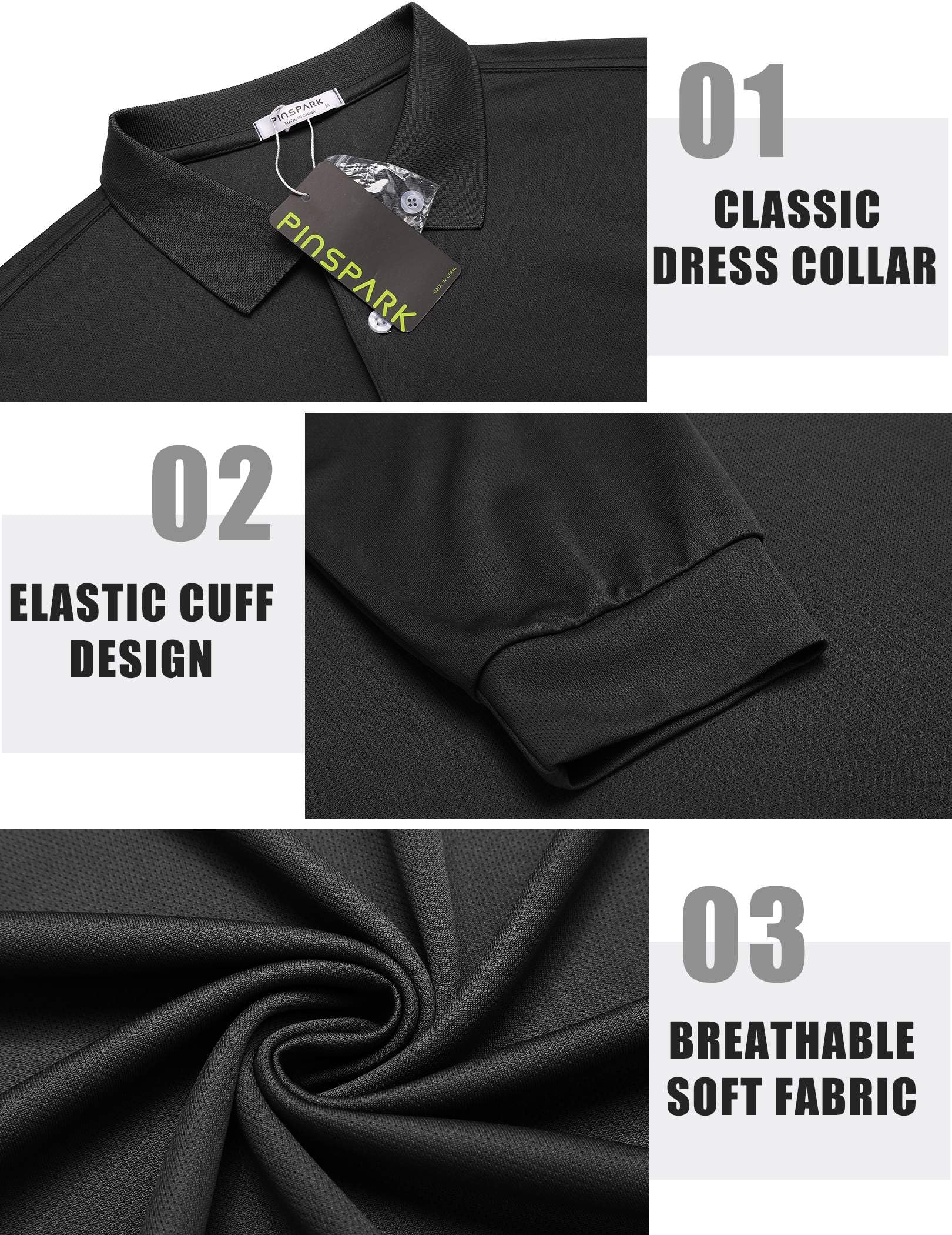 PINSPARK 3 Pack Men's Long Sleeve Golf Polo Shirts Athletic Casual Travel Performance Collar Shirts Lightweight Quick Dry