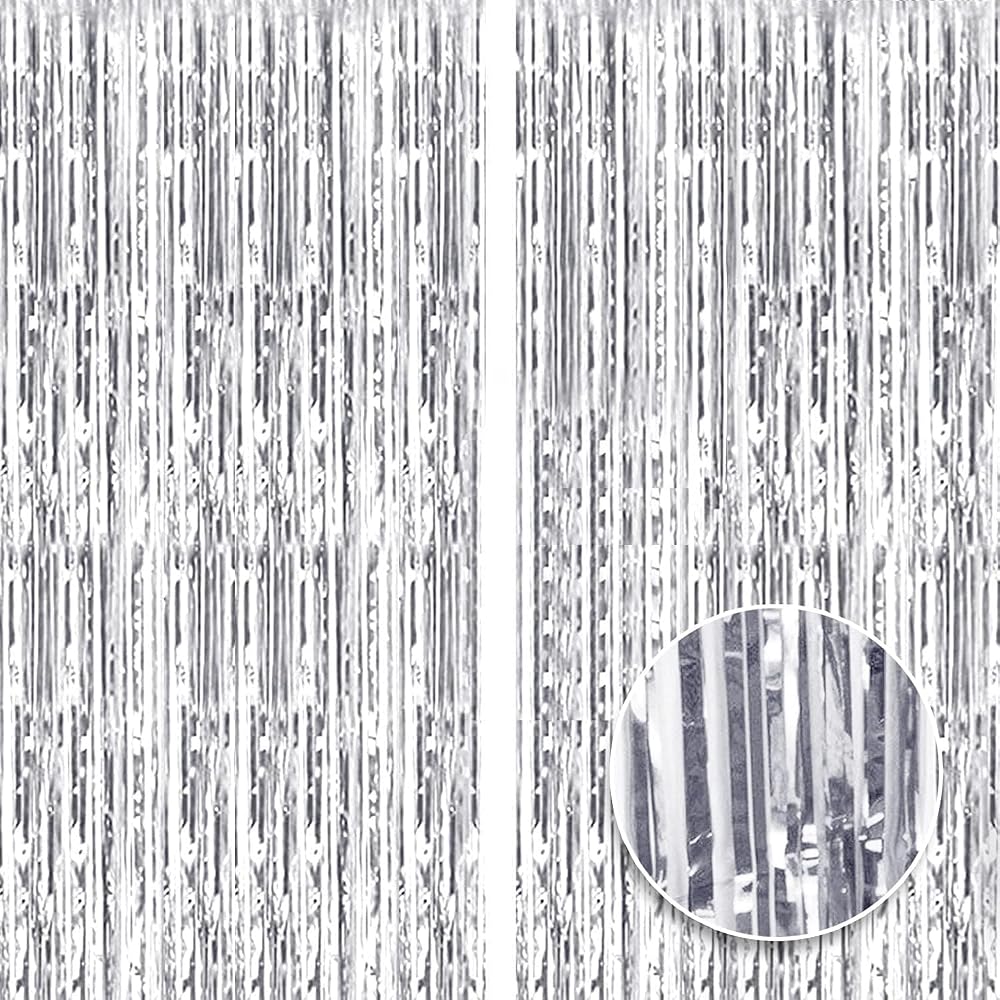OWill 2 Pcs 3ft x 8.3ft Silver Tinsel Curtain Foil Fringe Backdrop