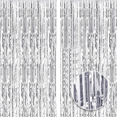 OWill 2 Pcs 3ft x 8.3ft Silver Tinsel Curtain Foil Fringe Backdrop
