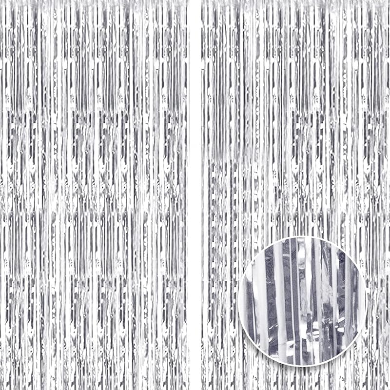OWill 2 Pcs 3ft x 8.3ft Silver Tinsel Curtain Foil Fringe Backdrop