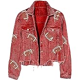 Xunger Women’s Football Corduroy Sequin Jacket Cropped Distresses Rugby Patched Shacket Coat