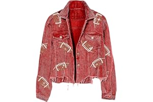 Xunger Women’s Football Corduroy Sequin Jacket Cropped Distresses Rugby Patched Shacket Coat
