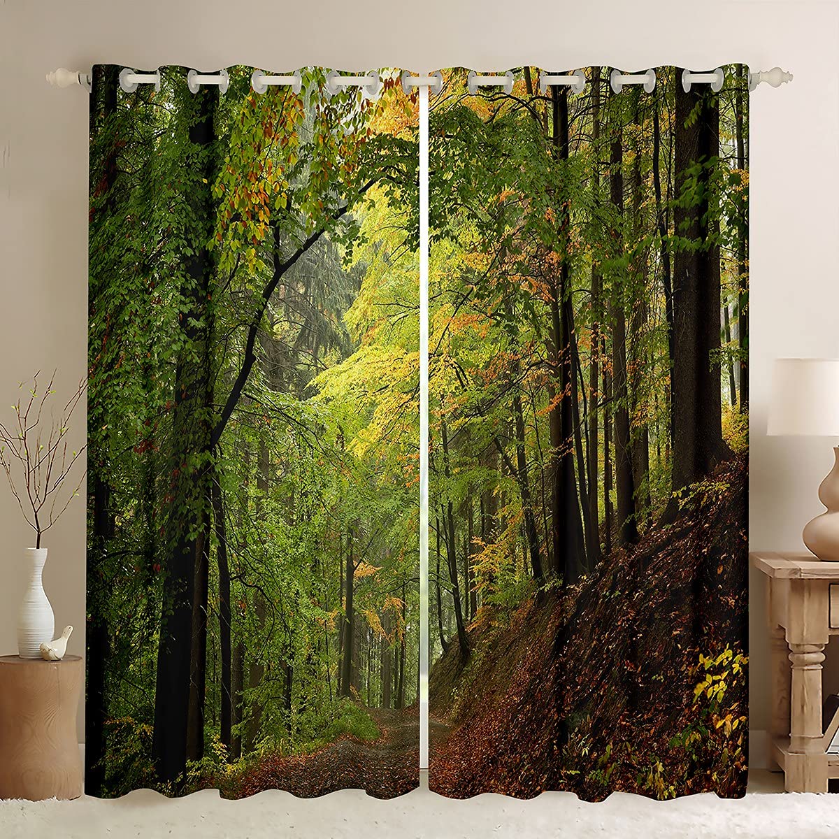 Loussiesd Forest Curtains Autumn Forest Window Drapes for Teens Kids Men Trees Foggy Print Window Treatments Woodland Scene Window Curtain Room Decor W46*L54 — image 1