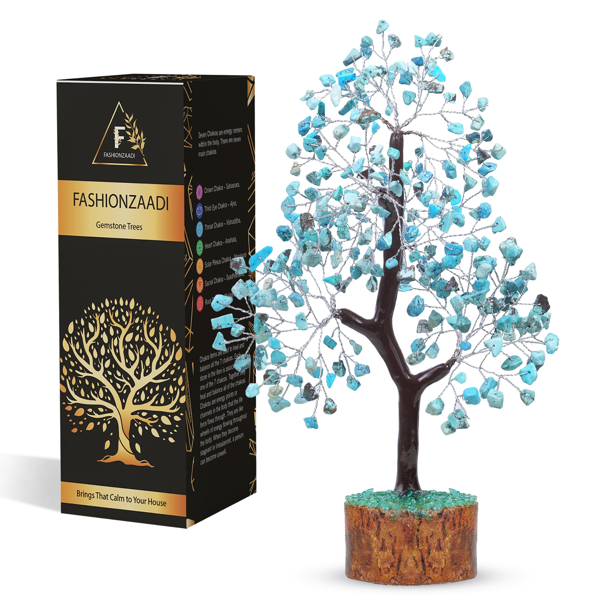 FASHIONZAADI Turquoise Gemstone Tree For Feng Shui Bonsai Money Trees Reiki Healing Crystal Good Luck Stone Chakra Balancing Home Decor Office Table Great Gift Set Size 10-12 Inch (Silver Wire)