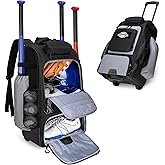 GOBUROS Rolling Baseball Backpack with Wheels, Softball Equipment Bag Holds 4 Bats, Roller Baseball Backpack with Shoe Compartment and Multiple Pockets for Baseball Gear with Fence Hooks