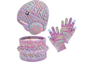 ZOORON Kids Winter Hat Gloves Scarf Set,Girls Boys Toddler Beanie with Earflaps Neck Warmer Gaiter Mittens Fleece Lined Set