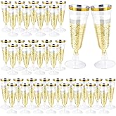 IJRPLM 100 Pack Plastic Champagne Flutes, 5 Oz Clear Disposable Champagne Glasses, Cocktail Cups with Gold Rim, Plastic Wine Glass, Disposable Clear Toasting Glasses for Wedding Birthday Party