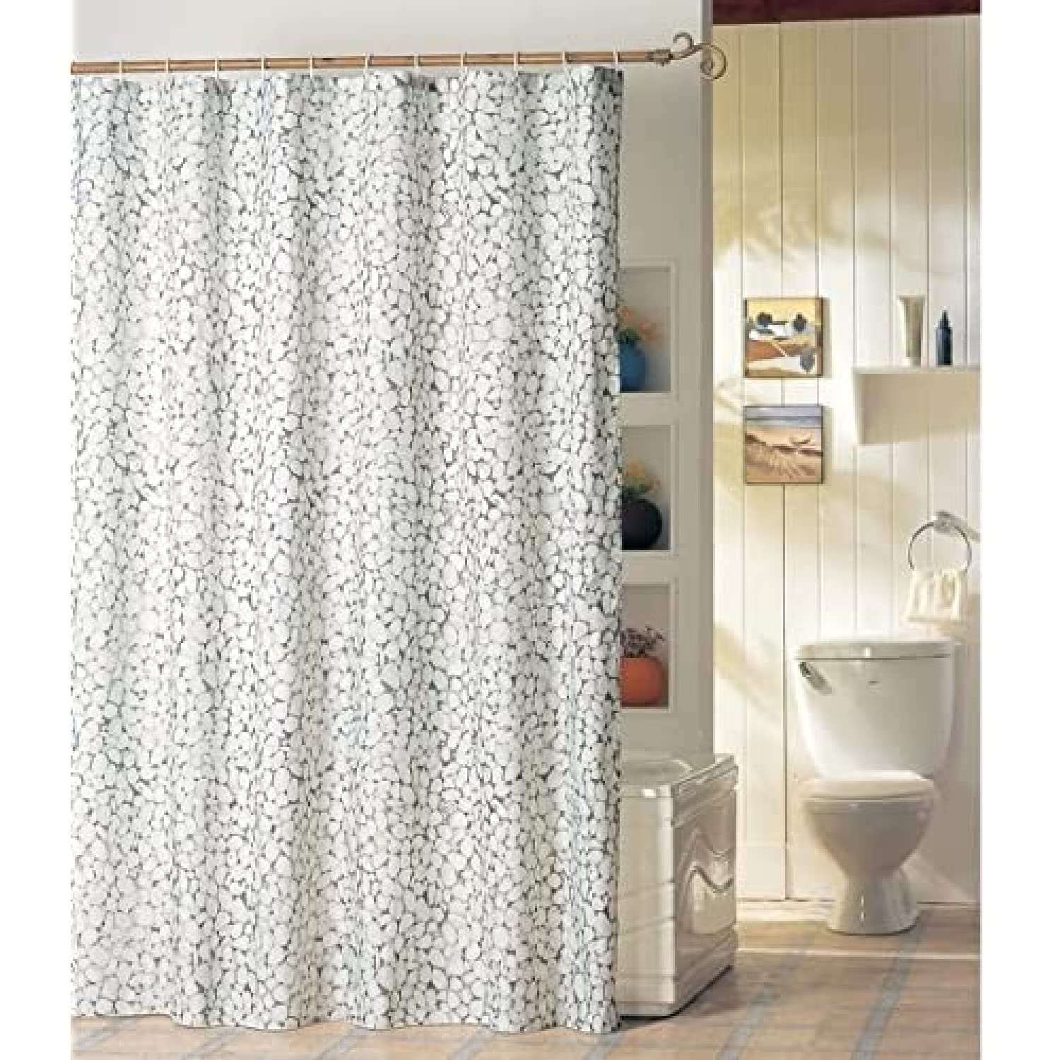 MSV "Pebbles Polyester Shower Curtain, White/Grey, 180 x 200 cm