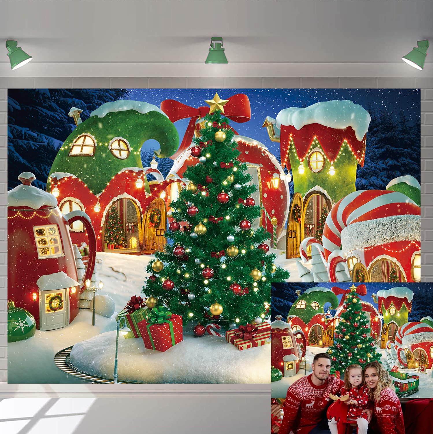 Cartoon Christmas Village Photography Backdrop Winter Snow Pine Tree Background Xmas Fairy Tale Animated Kid Party Photo Booth Banner Supplies (8x6FT)