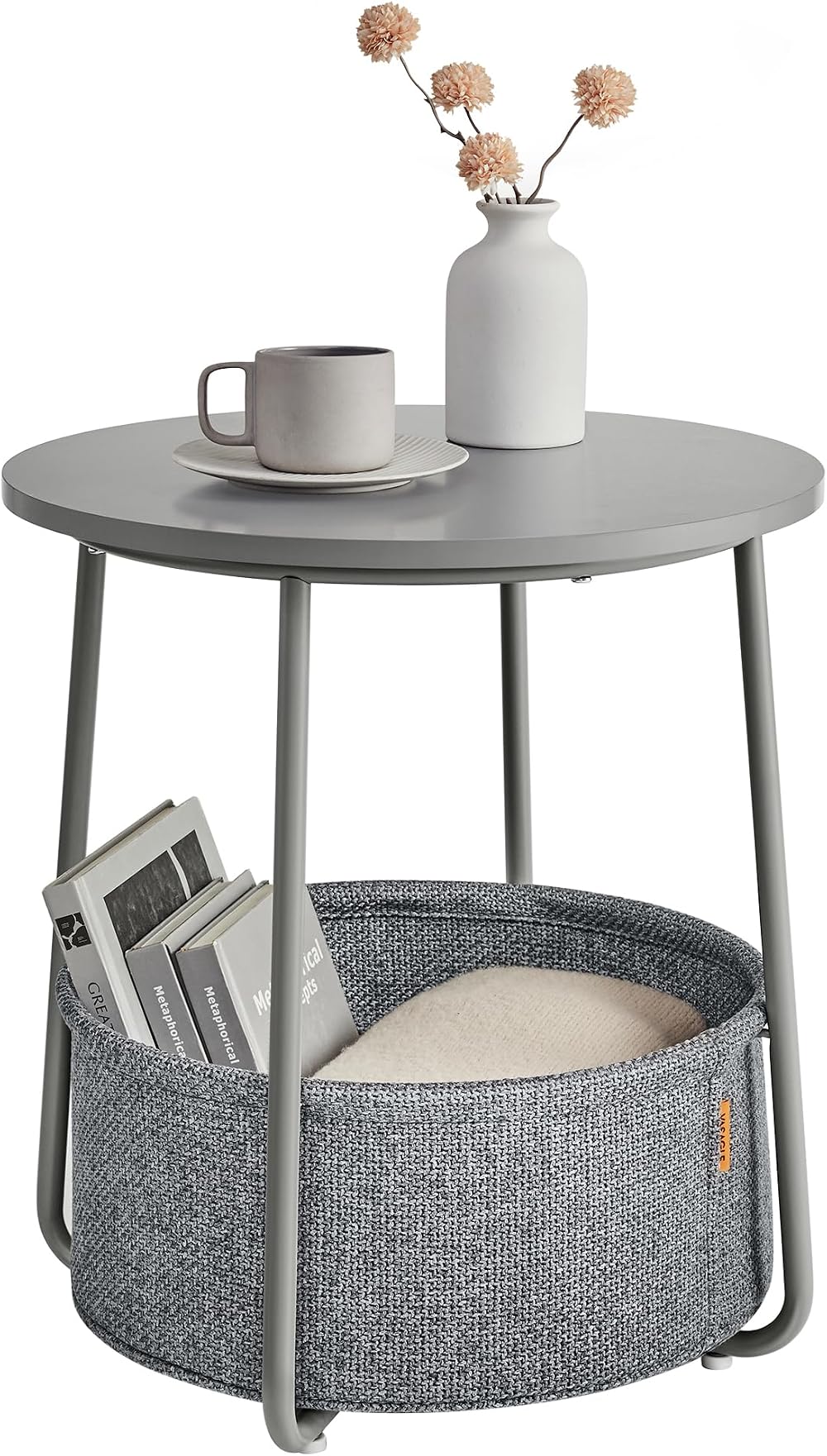 VASAGLE Round Side Table with Fabric Basket Dove Grey Slate Grey LET223G36