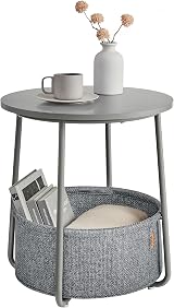 VASAGLE Round Side Table with Fabric Basket Dove Grey Slate Grey LET223G36