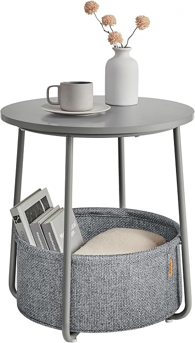 VASAGLE Round Side Table with Fabric Basket Dove Grey Slate Grey LET223G36