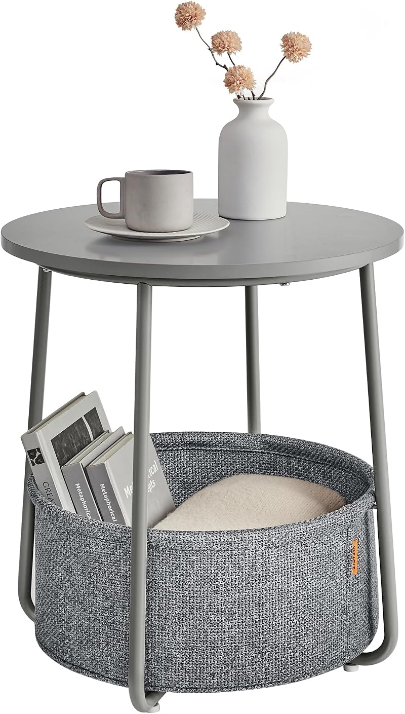 VASAGLE Round Side Table with Fabric Basket Dove Grey Slate Grey LET223G36