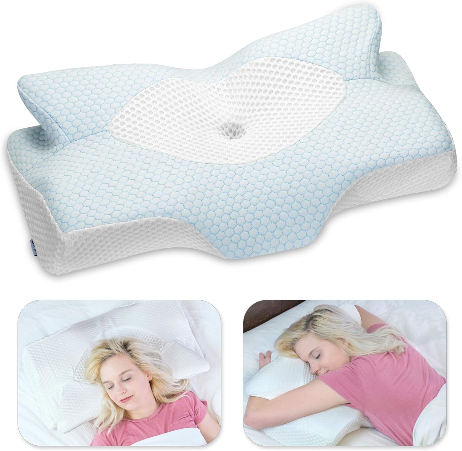 Elviros Cervical Memory Foam Pillow, Contour Pillows for Neck and Shoulder Pain, Ergonomic Orthopedic Sleeping Neck Contoured Support Pillow for Side Sleepers, Back and Stomach Sleepers (Blue): Home & Kitchen
