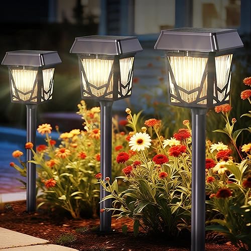 Solar Garden Lights, 6 Pack Bright Pathway Lights with Large Panel, 36H Long-lasting, Type-C Fast Charge, Breathing, Durable Waterproof Outdoor Lighting for Patio/Yard/Walkway/Driveway/Pool/Landscape