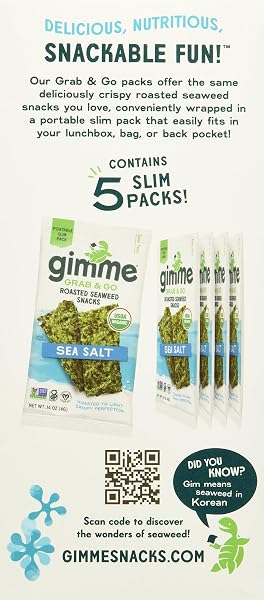 GIMME GRAB & GO ROASTED SEAWEED SNACKS, SEA SALT, PORTABLE SLIM PACKS, VEGAN, USDA CERTIFIED ORGANIC, GLUTEN FREE & NON-GMO, 5 VALUE PACK, 0.7 OUNCE (PACK OF 6)