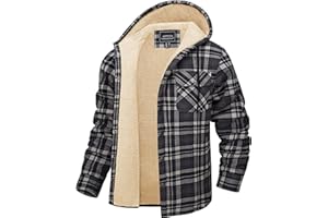 CRYSULLY Men's Flannel Jackets Sherpa Fleece Lined Hoodies Soft Warm Plaid Shirt Jacket Cotton Button Winter Coat with Hood
