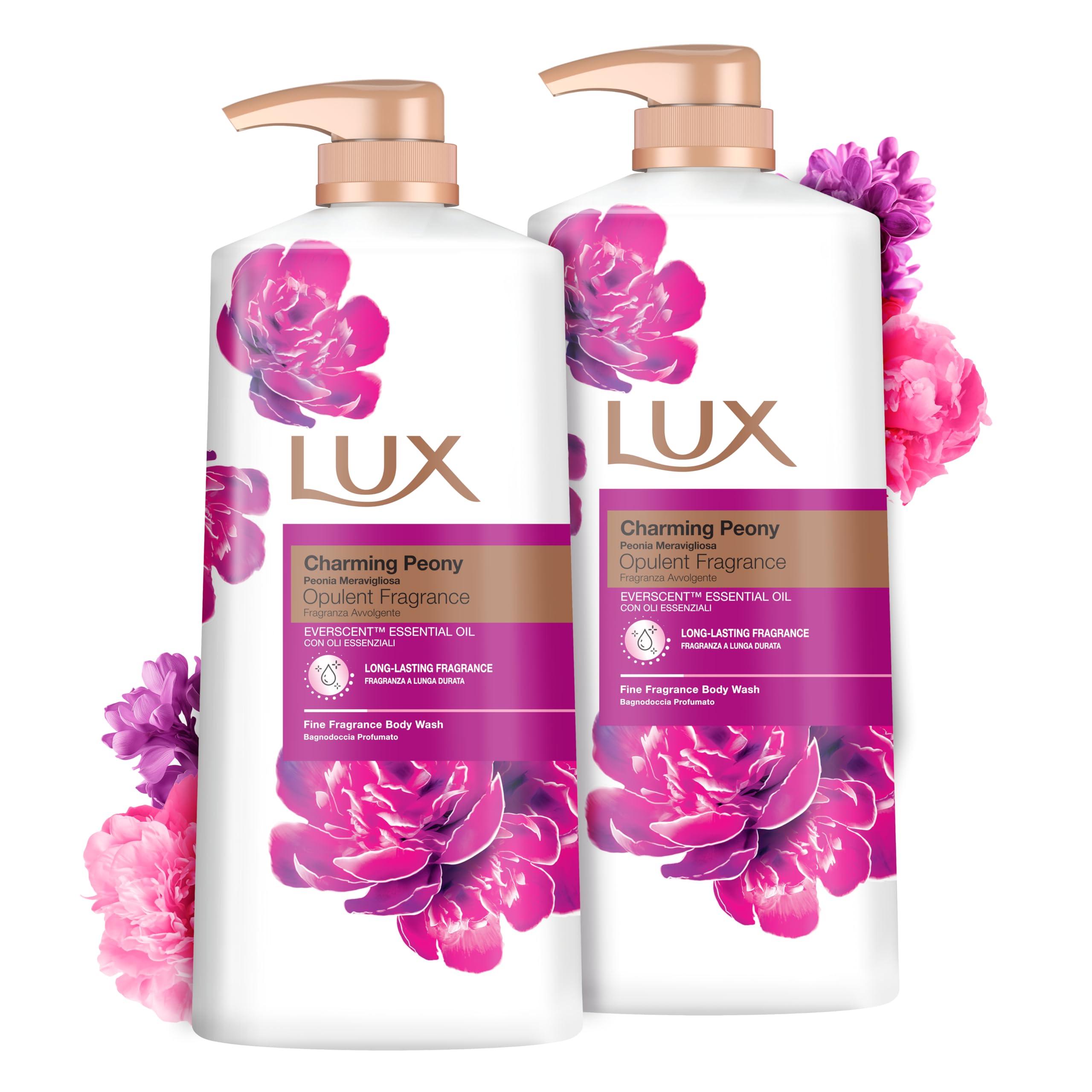 LUX Charming Peony Body Wash with Orange Oil - Men's & Women's Aromatic, Long-Lasting Fine Fragrance Shower Gel, Nourishing Body Cleanser, Aromatic Fragrance Bath Soap - Pack of 2, 1L