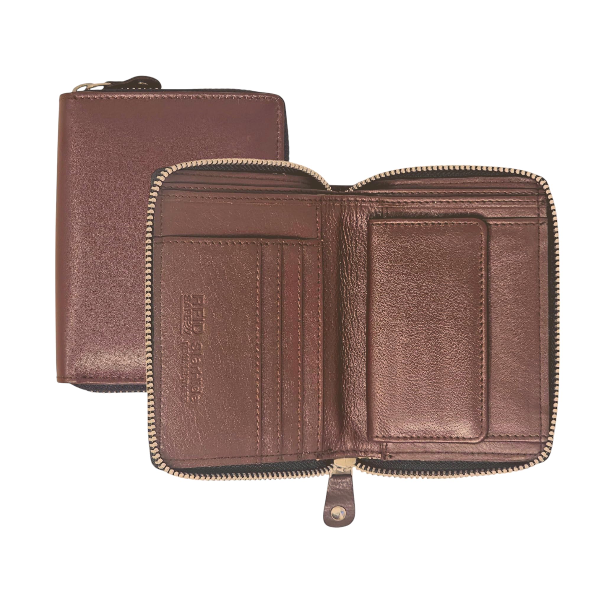 STARHIDE Women Slim Wallet, RFID Blocking Full Zip Around Genuine Leather Purse with Coin Pocket, Gift Boxed 5550 (Brown)
