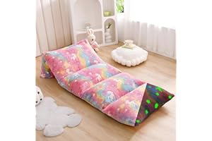 Mengersi Velvet Floor Pillows,Unicorn Glow in The Dark Pillow Bed Floor Lounger Cover for Kids Girls Boys,Mattress Floor Bed Sleeping Mat for Girls Teen Toddler,Requires 5 Pillows(Queen,Pink)