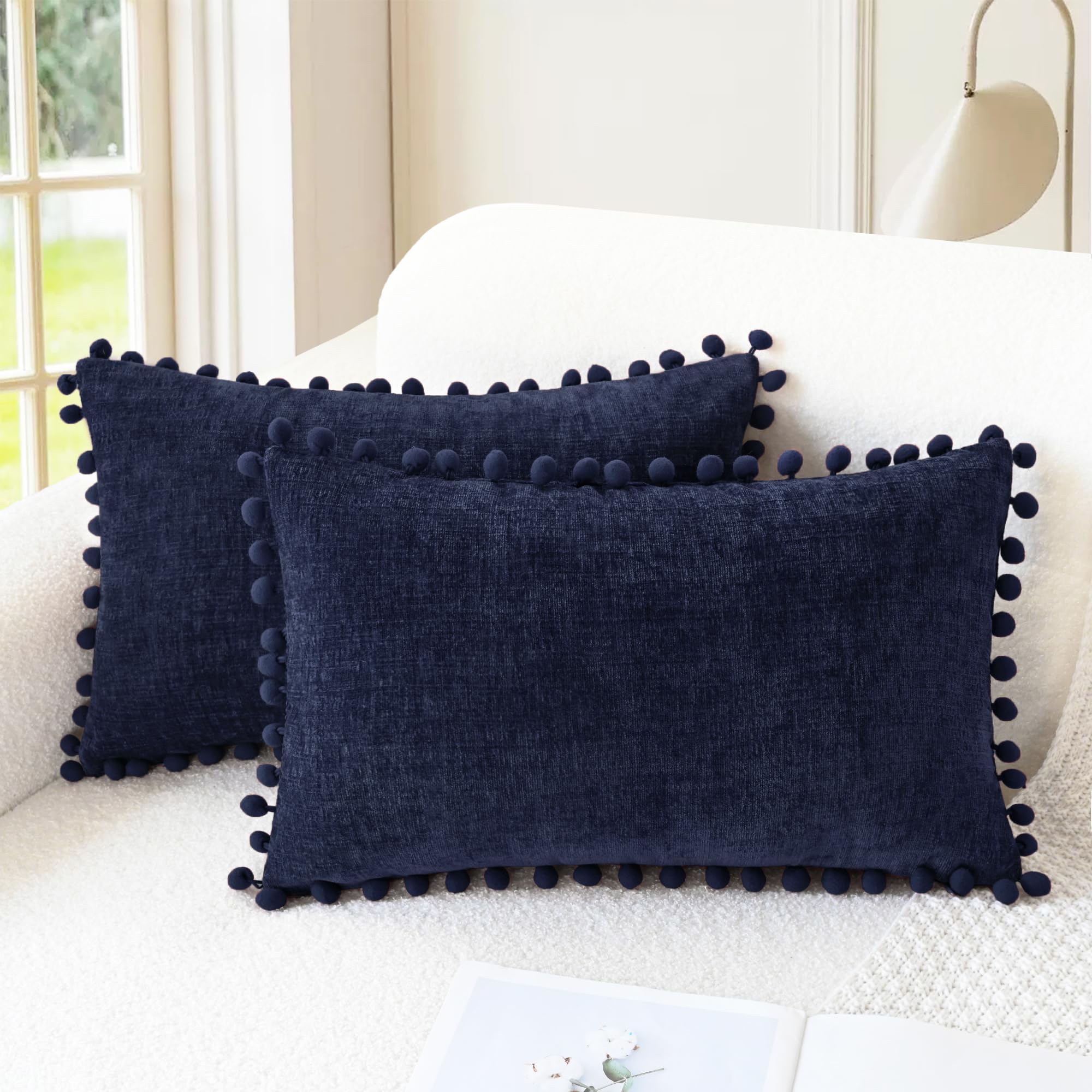 CaliTime Pillow Cases Pack of 2 Cozy Solid Dyed Soft Chenille Cushion Covers with Pom Poms for Couch Sofa Home Decoration 30cm x 50cm Navy Blue