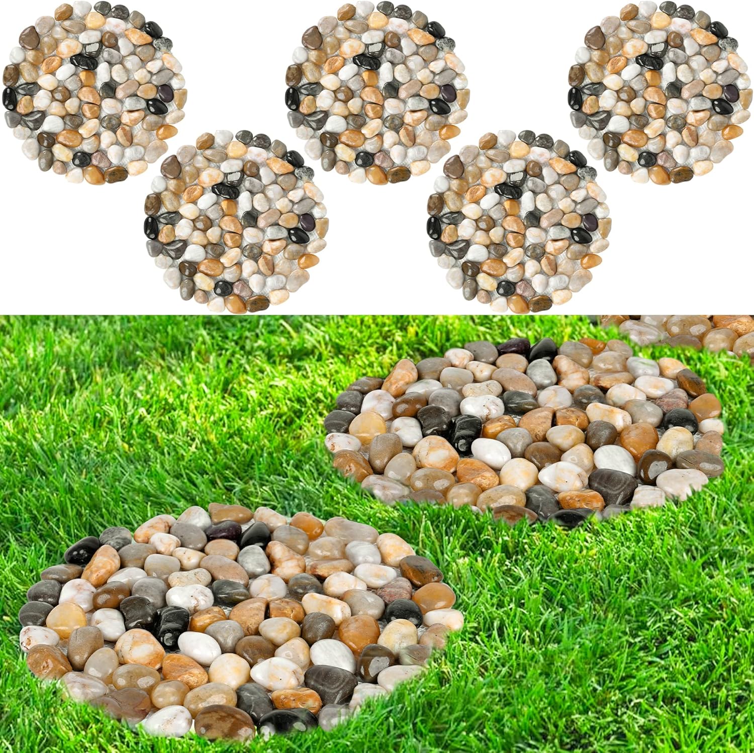 Hardscaping Materials - River Rock Stepping Stones Outdoor for Garden Walkway, 12 inch Diameter 5 Pcs Round Shape Paver Step Stones Polished Pebble River Stone Mat for Yard Lawn Patio Pathway Walk Way - Multi-Color