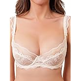 zossav Lace Bra Bralette Push Up Unlined Demi Bras Sheer Mesh Balconette with Underwire