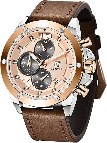 BENYAR Men's Analog Chronograph Quartz Watch with Leather Bracelet