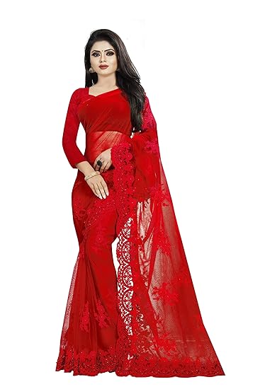 Women's Net Saree With Unstitched Blouse Piece (YD-Net_Red_Red)