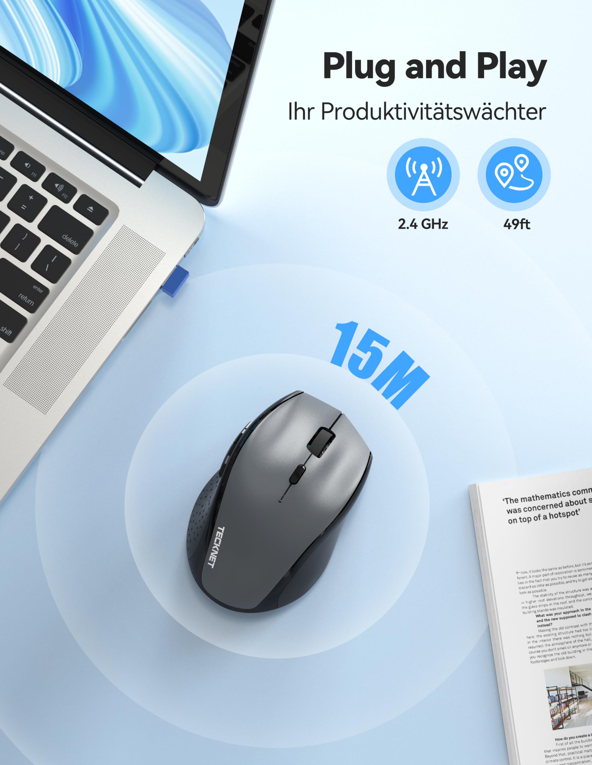 TECKNET PRO Kabellose Maus Wiederaufladbar, Silent Funkmaus 6400 DPI, 2,4 GHz Computermaus, Ergonomische Griffe, 6 Tasten, Tragbar Maus für PC, Laptop,Chromebook, Mac-Grau 6