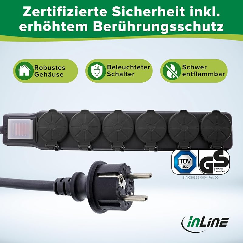6-Fach Steckdosenleiste, Außensteckdose, Outdoor, Mehrfachsteckdose, Steckerleiste, IP44, mit beleuchtetem EIN/Aus Schalter, erhöhter Berührungsschutz, Länge: 3m, 16496O