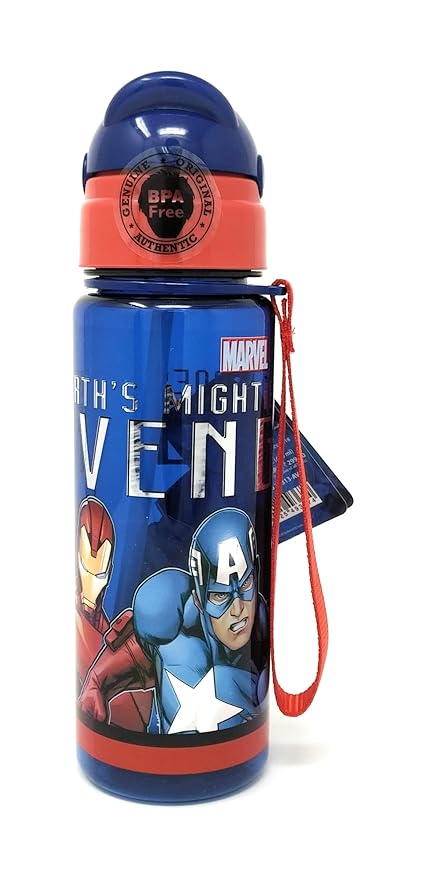 H M International Original Licensed Marvel Avengers Kids Sleek Plastic Sipper Water Bottle, 400ml, Multicolour