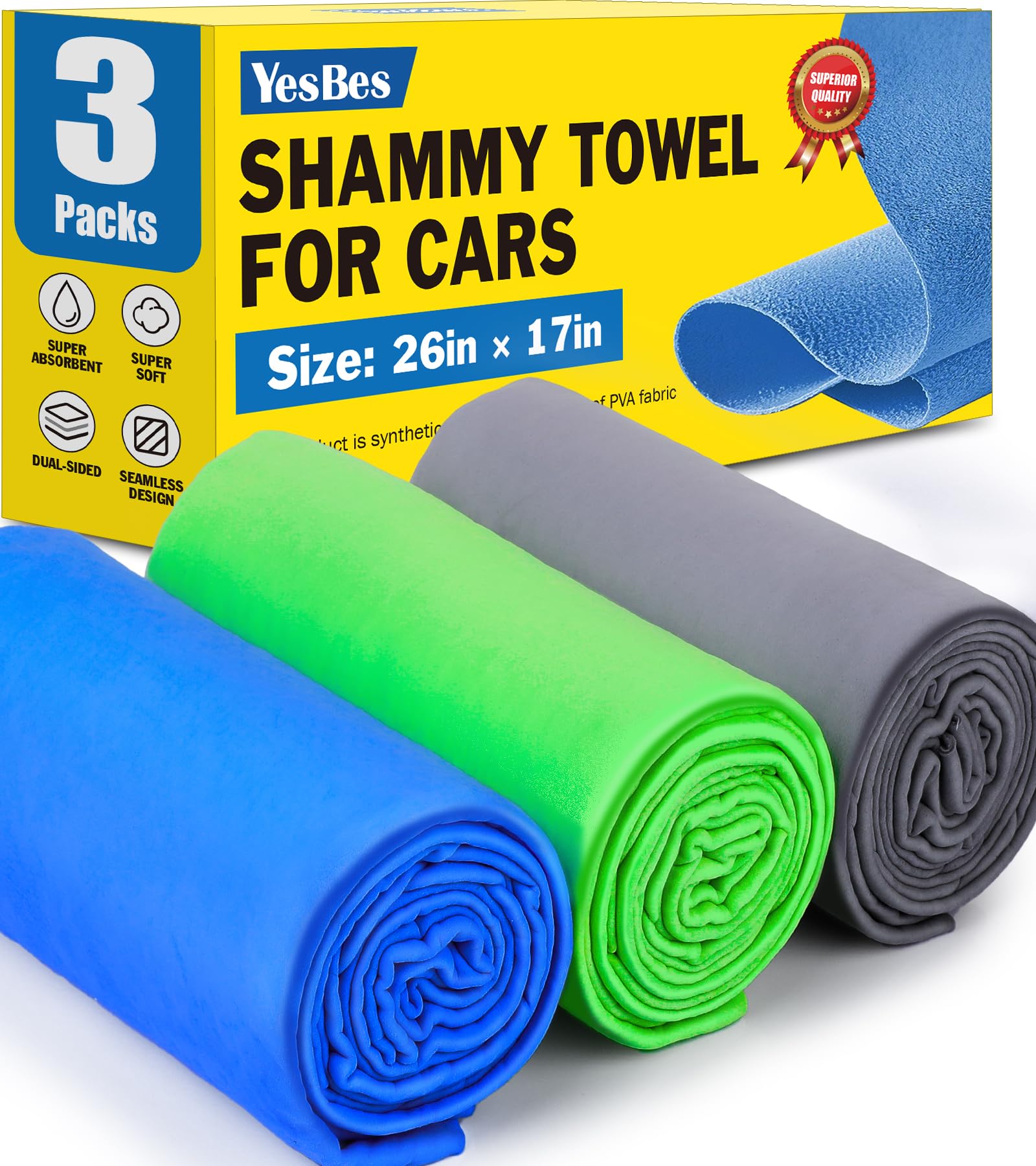 Photo 1 of 3 Pack Premium Chamois Towel for Car, 26”x17” Shammy Cloth for Car Drying, Super Absorbent Shammy Towel for Car, Reusable Soft Car Drying Towels