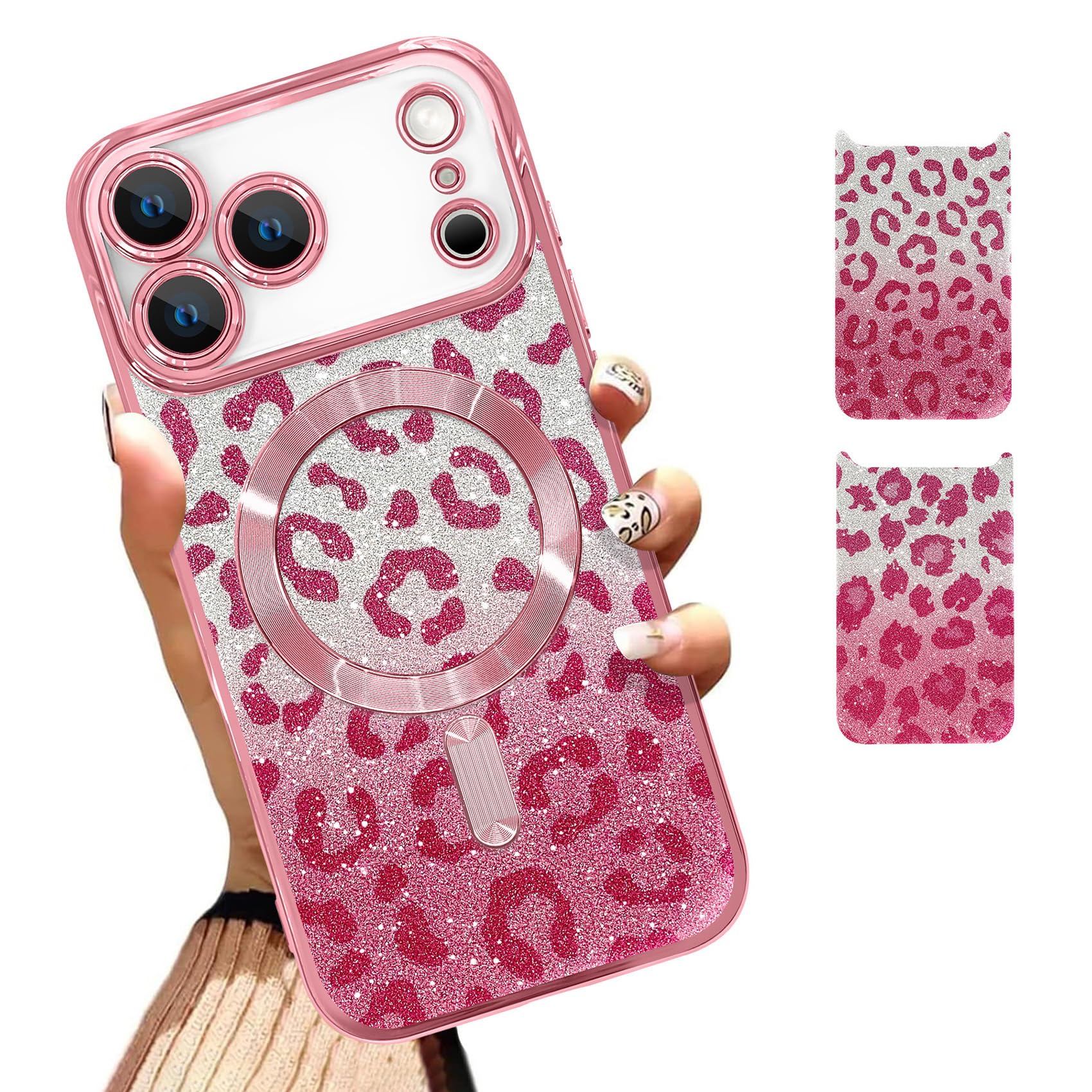 Illians Case Fit for iPhone 17 Pro Max 6.9 Inch [Compatible with MagSafe] Glitter Bling Magnetic Phone Case [2 Pieces of Leopard Print Design Insert] Soft TPU Shockproof Phone Cover for Women - Pink