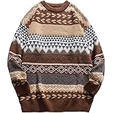 Arssm Mens Vintage Sweater Grandpa Oversized Cable Knit Crewneck Pullovers Casual Long Sleeve Striped Sweater(Brown-XL)