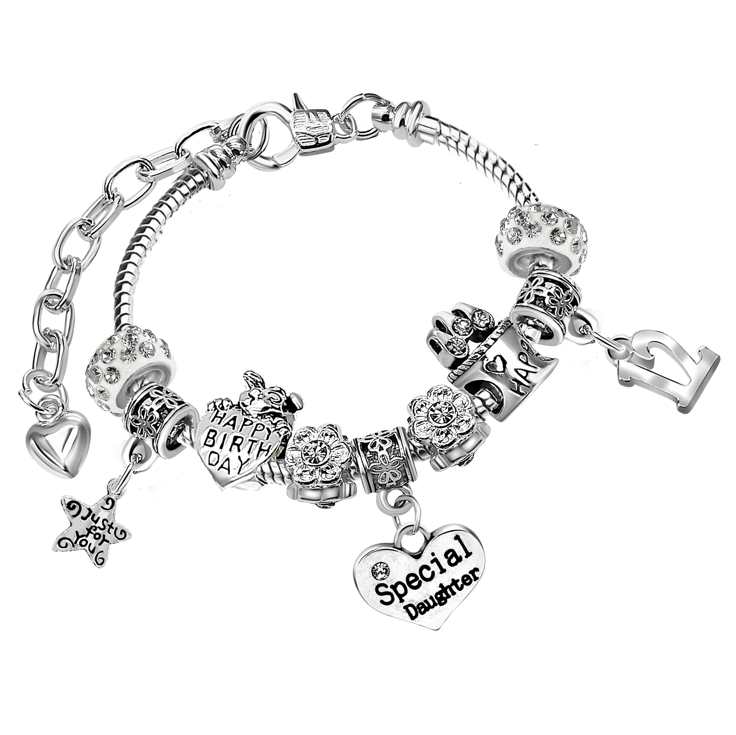 Daughter Girls 12th Birthday Crystal Charm Bracelet with Gift Box