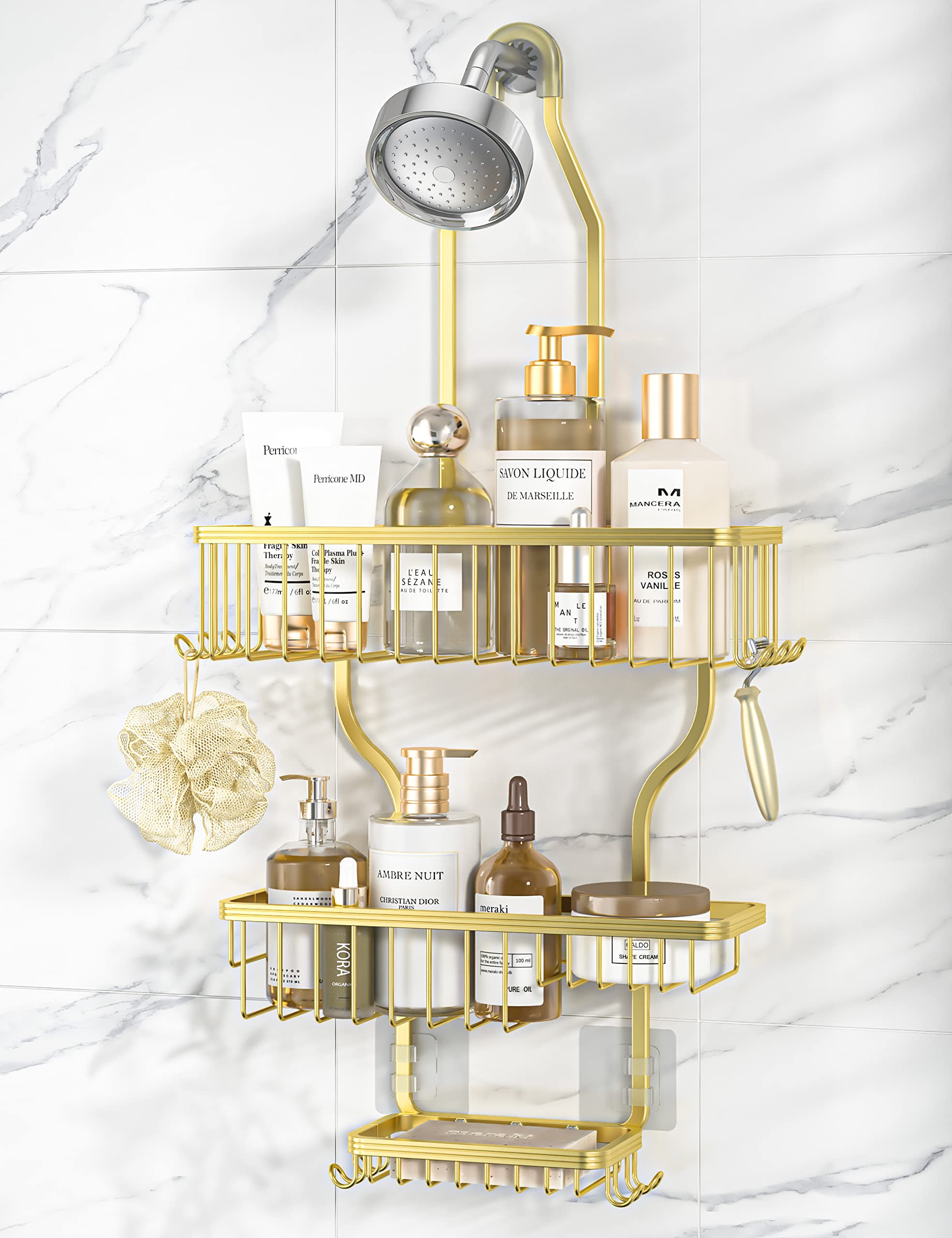 Photo 1 of YASONIC Shower Caddy Over Shower Head Never Rust Aluminum Large Hanging Shower Caddy with 10 Hooks for Razor/Sponge - Over The Shower Head Caddy with Soap Basket - Hanging Shower Organizer Gold